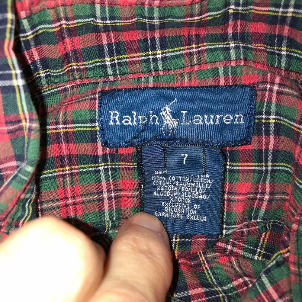 Ralph Lauren Boys Size 7 Red Green Plaid Button-Up Shirt Top Christmas Holiday